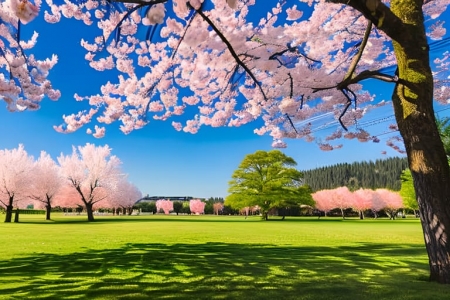 a scenic view of a park with cherry blossom trees, a stock photo, contest winner, high resolution photo, 4k small nBAUDsmzhA