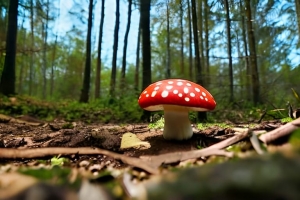 a mushroom sitting on the ground in a forest small QKtvnZucIH