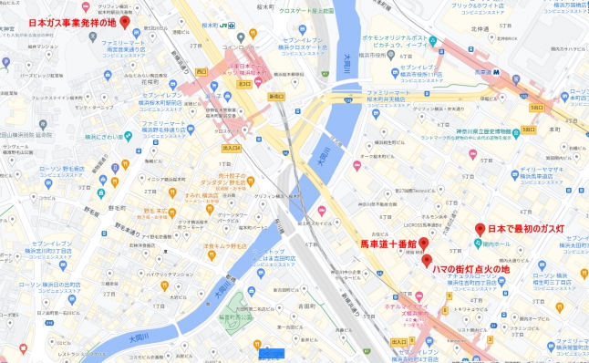 横浜嘉右衛門ガス灯関連マップ